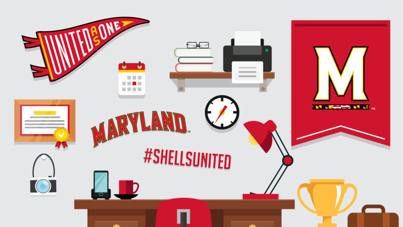 Illustration of student dorm room with UMD gear