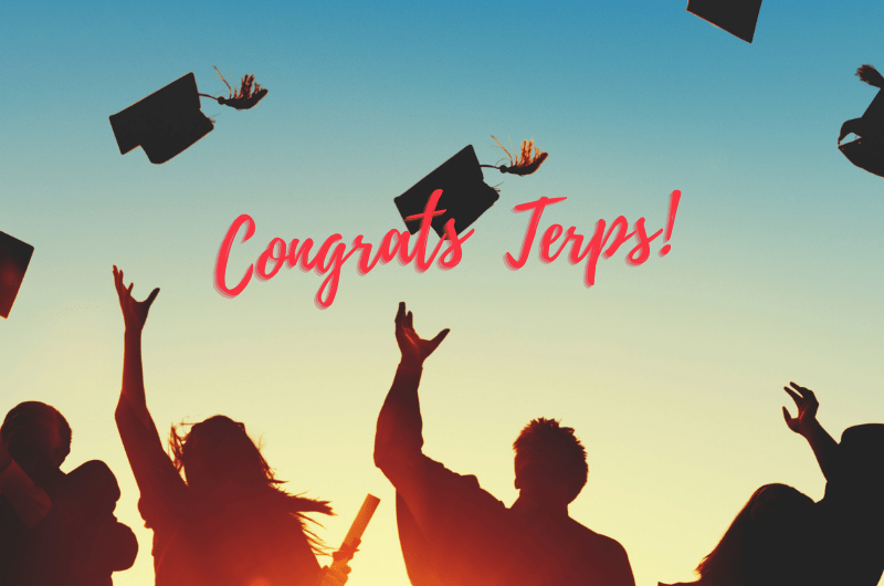 graduates throw caps in air, words: congrats terps