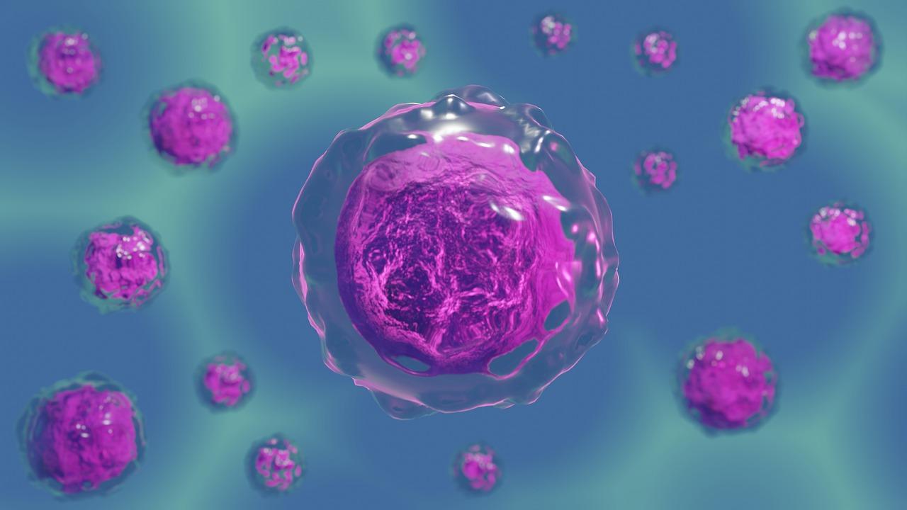 Digital illustration of purple cells on blue background