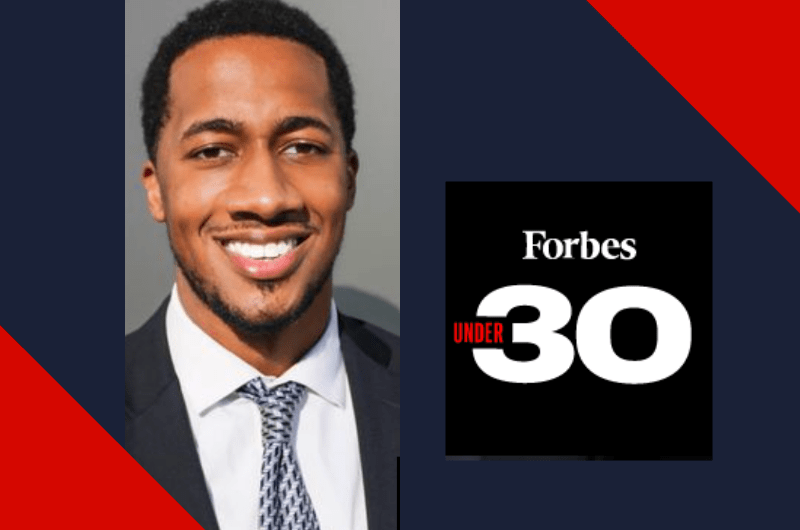 Photo of Chris Grant against a navy and red background next to the Forbes 30 Under 30 logo