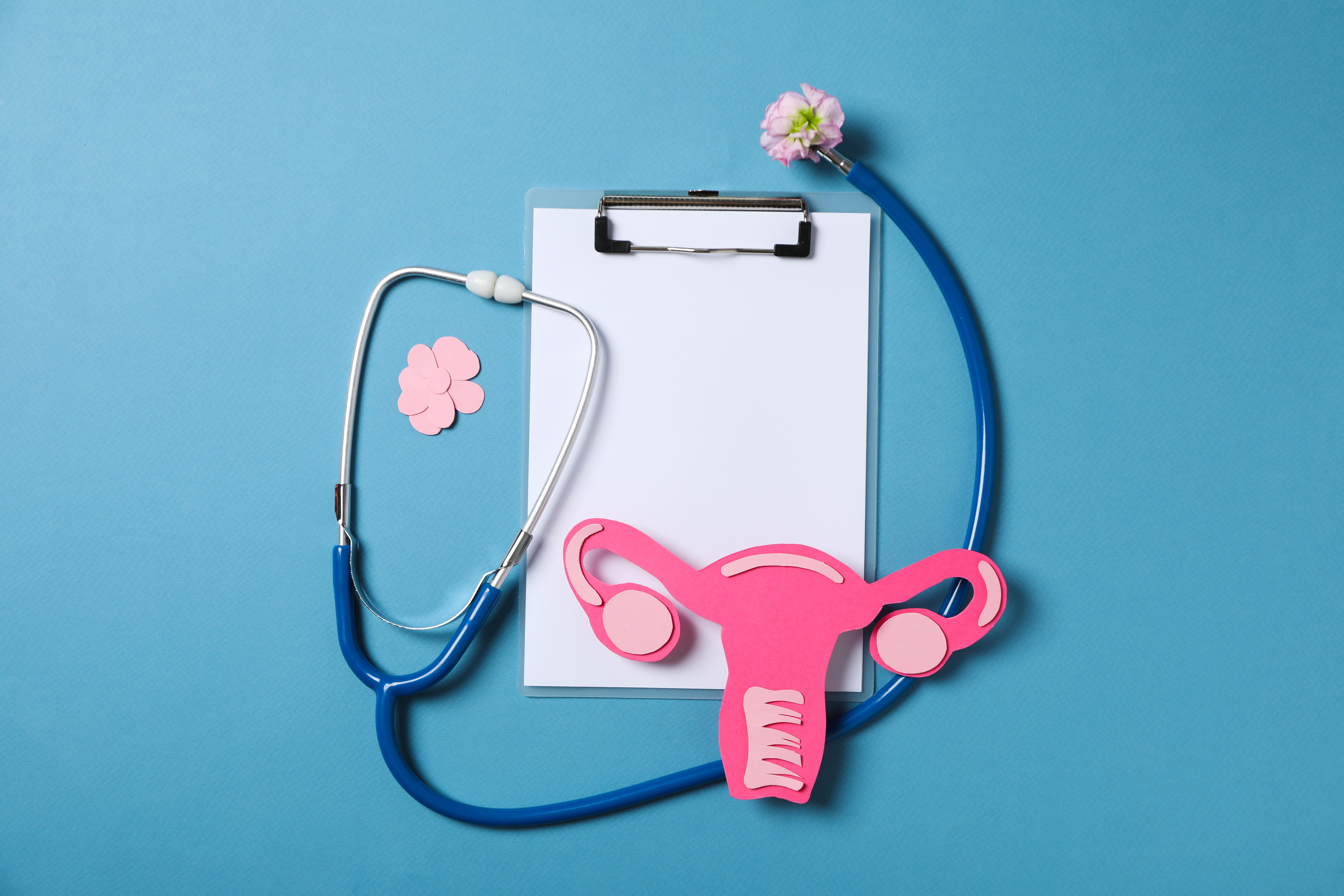 Stethoscope, clipboard, and pink cutout of a uterus shape on blue background