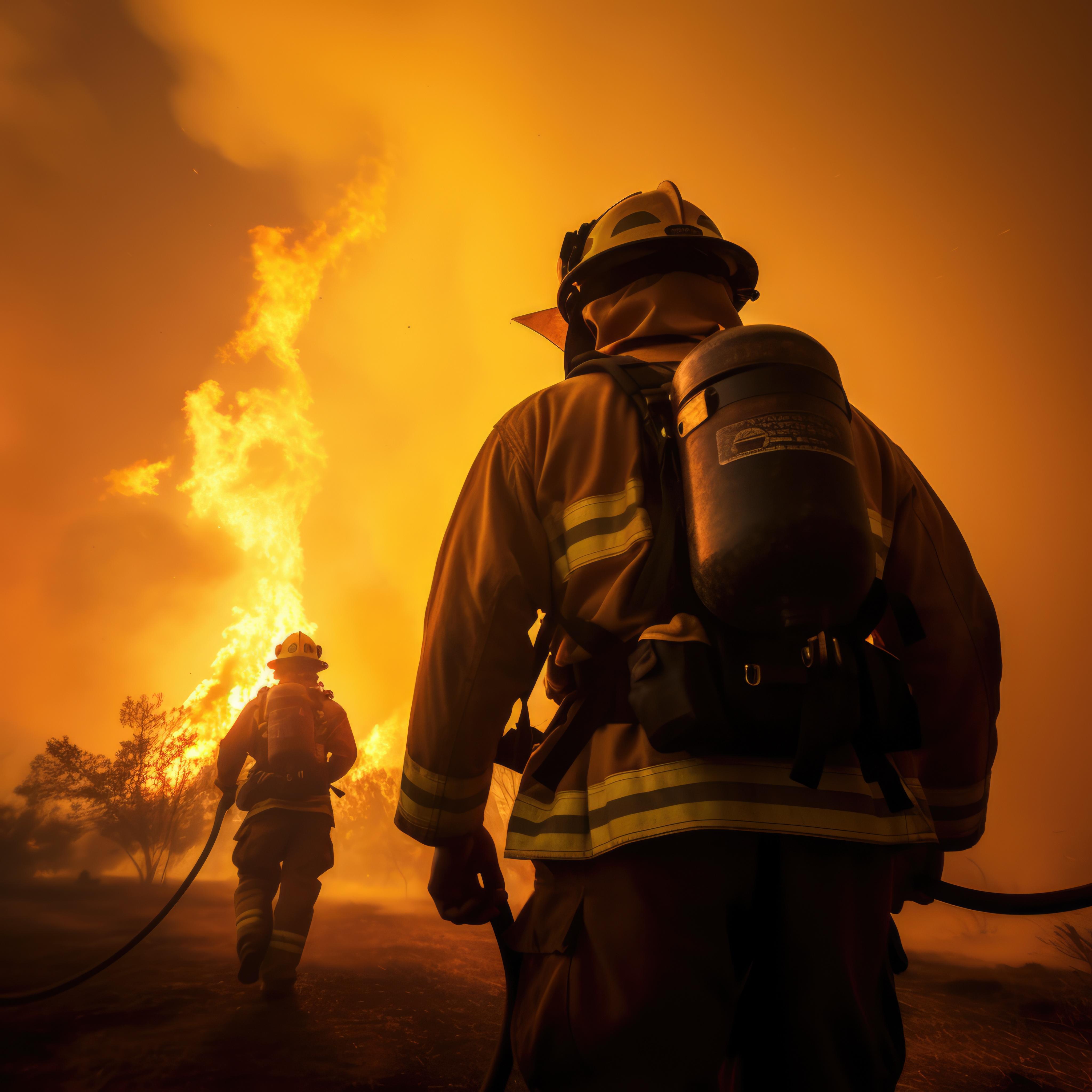View from behind of two firefighters facing a fire