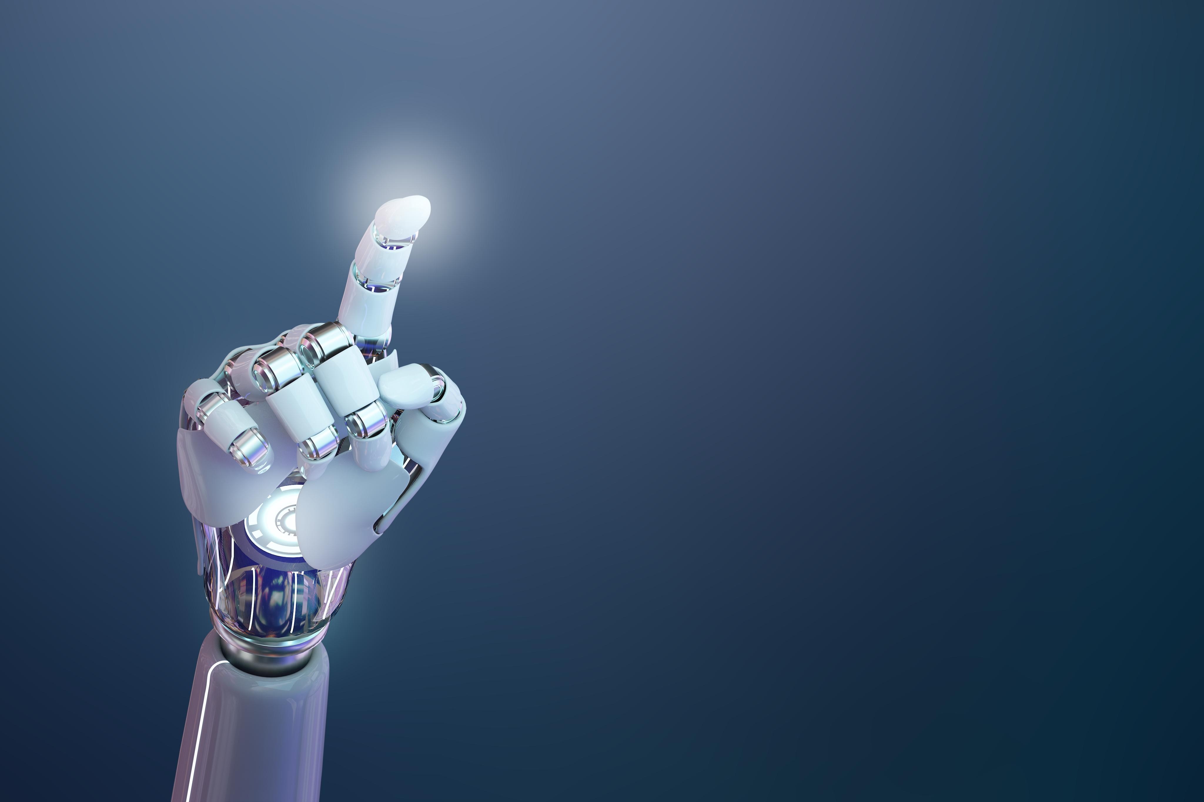 White robotic arm against blue gradient background pointing its index finger