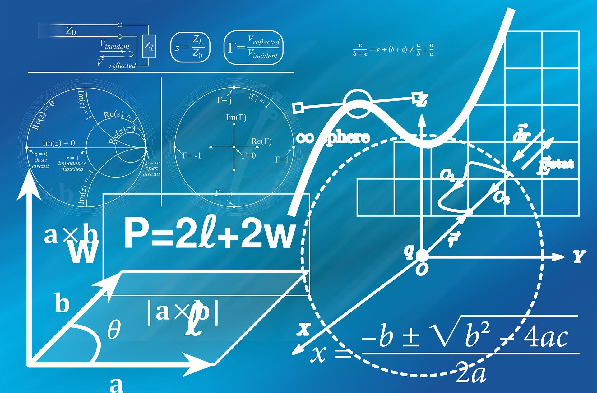 Math equations, formulas, and graphs written in white on a light blue gradient background