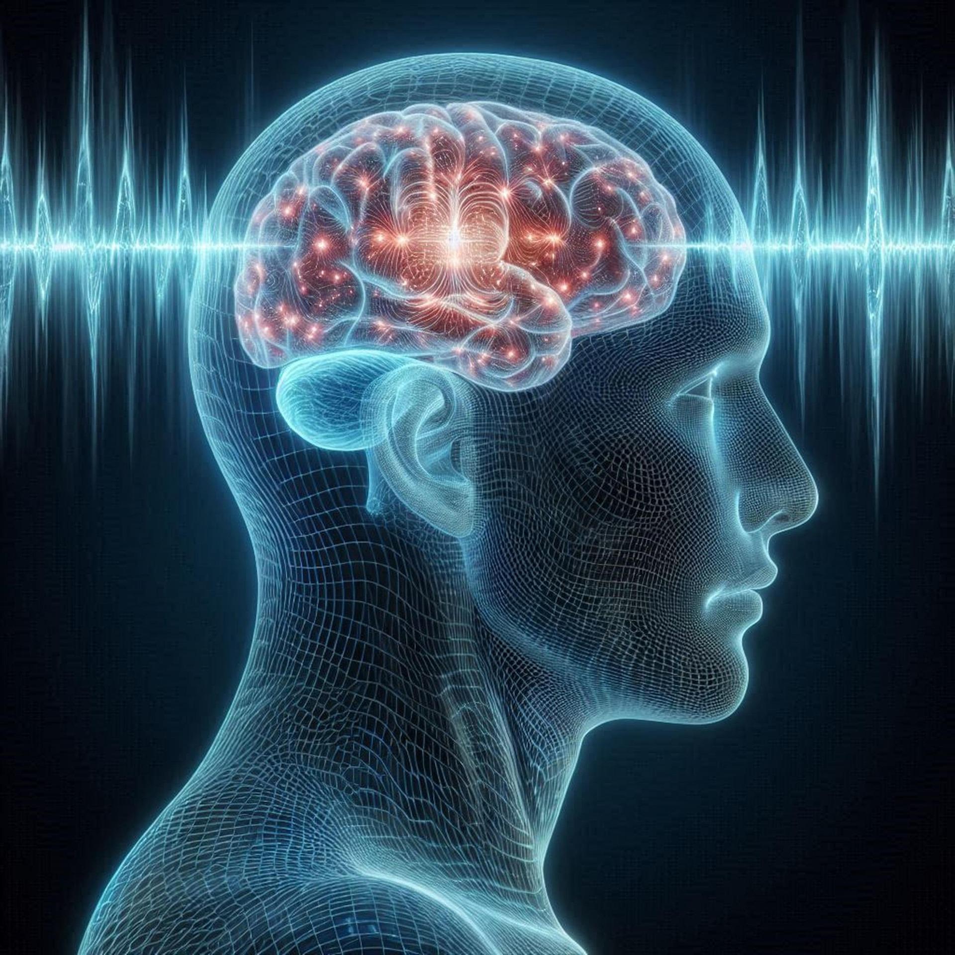 Digital illustration of a human and brain from the side profile with glowing red lights representing brain nerves